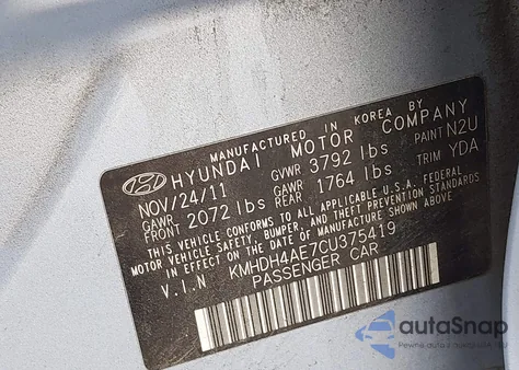 2012 Hyundai Elantra Gls (Ulsan Plant) из США, поврежденный, VIN KMHDH4AE7CU375419